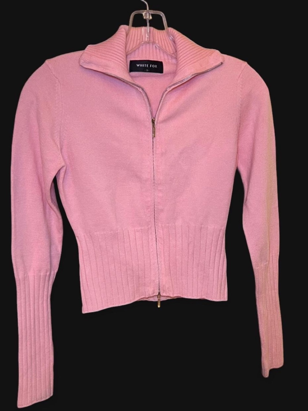 White Fox Boutique Pink Zip Front Ribbed Hem Cropped Sweater Coquette